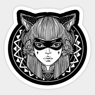 Hand Drawn Cat Woman Tshirt Demon Mask Foxy Mandala Sticker